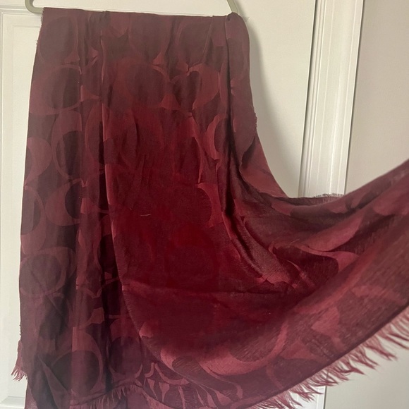 Coach Jacquard Maroon Signature Oversize Scarf Silk Wool - Picture 3 of 11